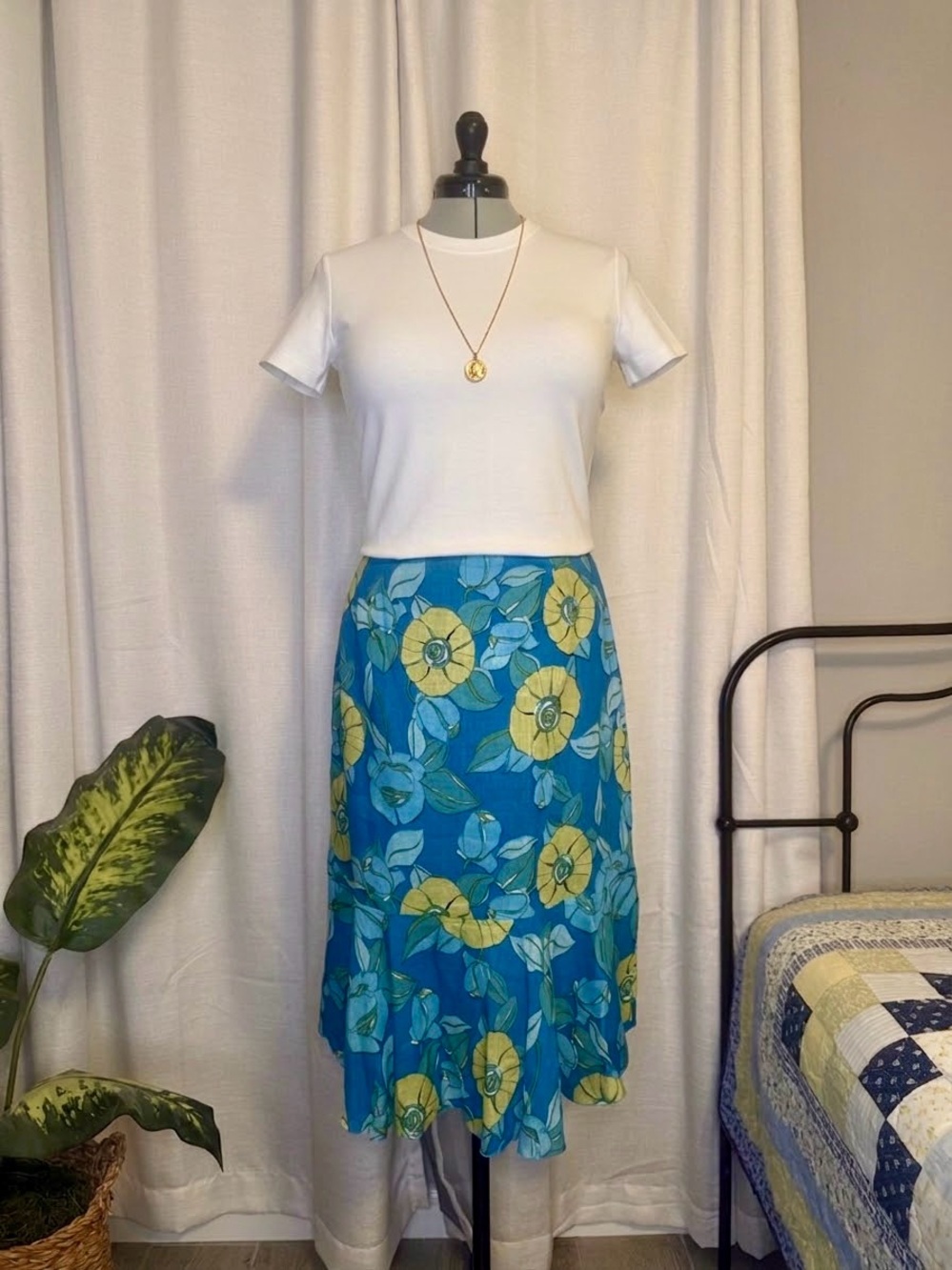 Vtg Y2K Nygard 100% Linen Floral Skirt Set Aqua Blue Yellow Sz 16 | Plus Size